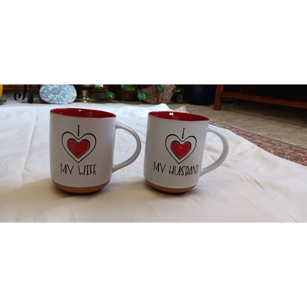 Set of Husband Wife Mugs Ceramic Hearts